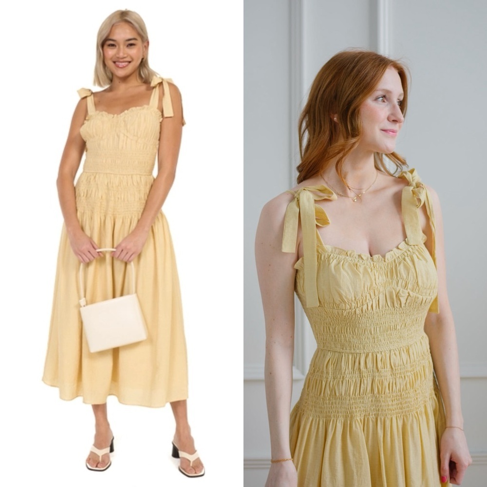 Moon River Yellow Midi Picnic Dress Sundress Adjustable Tie Strap Shirred M